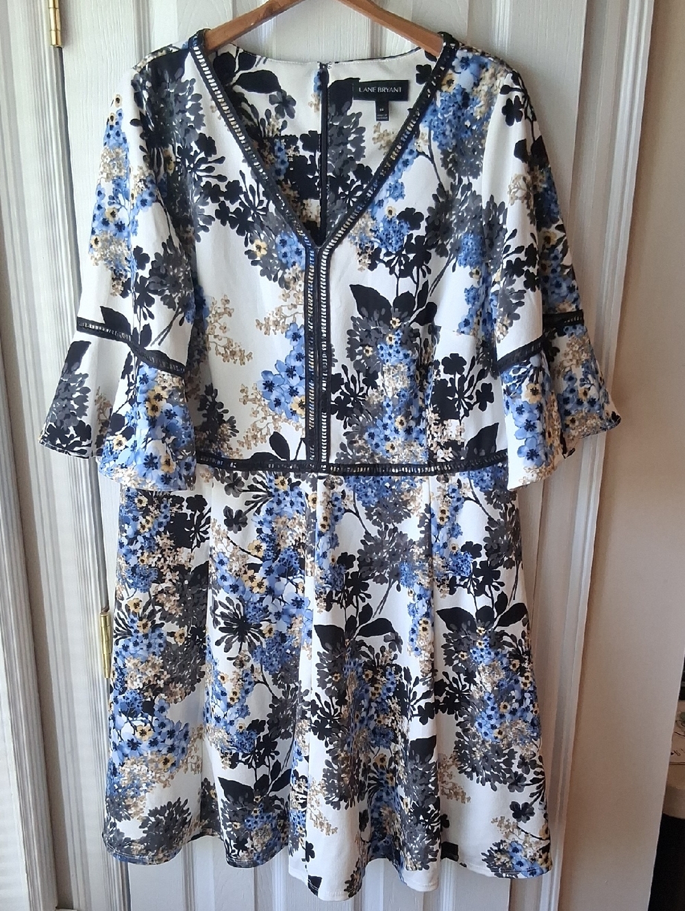 Lane Bryant White Floral V-Neck Fit & Flare Dress with Blue and Black Accents